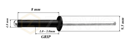 4.8mm x 8mm Black Blind Rivets ALU/STEEL Dome Head Pop Rivets – Aluminium Body Steel Mandrel