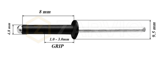 4.8mm x 8mm Black Blind Rivets ALU/STEEL Dome Head Pop Rivets – Aluminium Body Steel Mandrel
