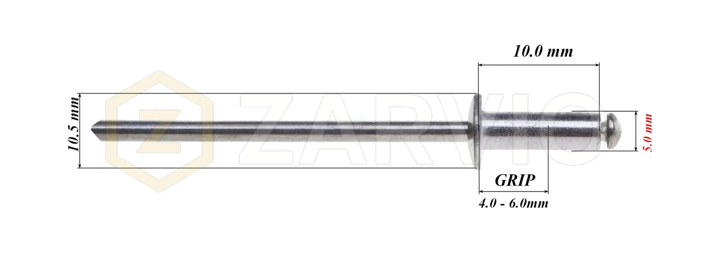 5.0mm x 10mm Flat head blind rivet, aluminum-steel