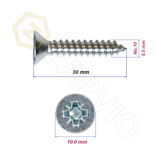 5.0mm x 30mm → (No.10 x 1 1/4") Countersunk Wood Screw with Full Thread (Zinc Plated)