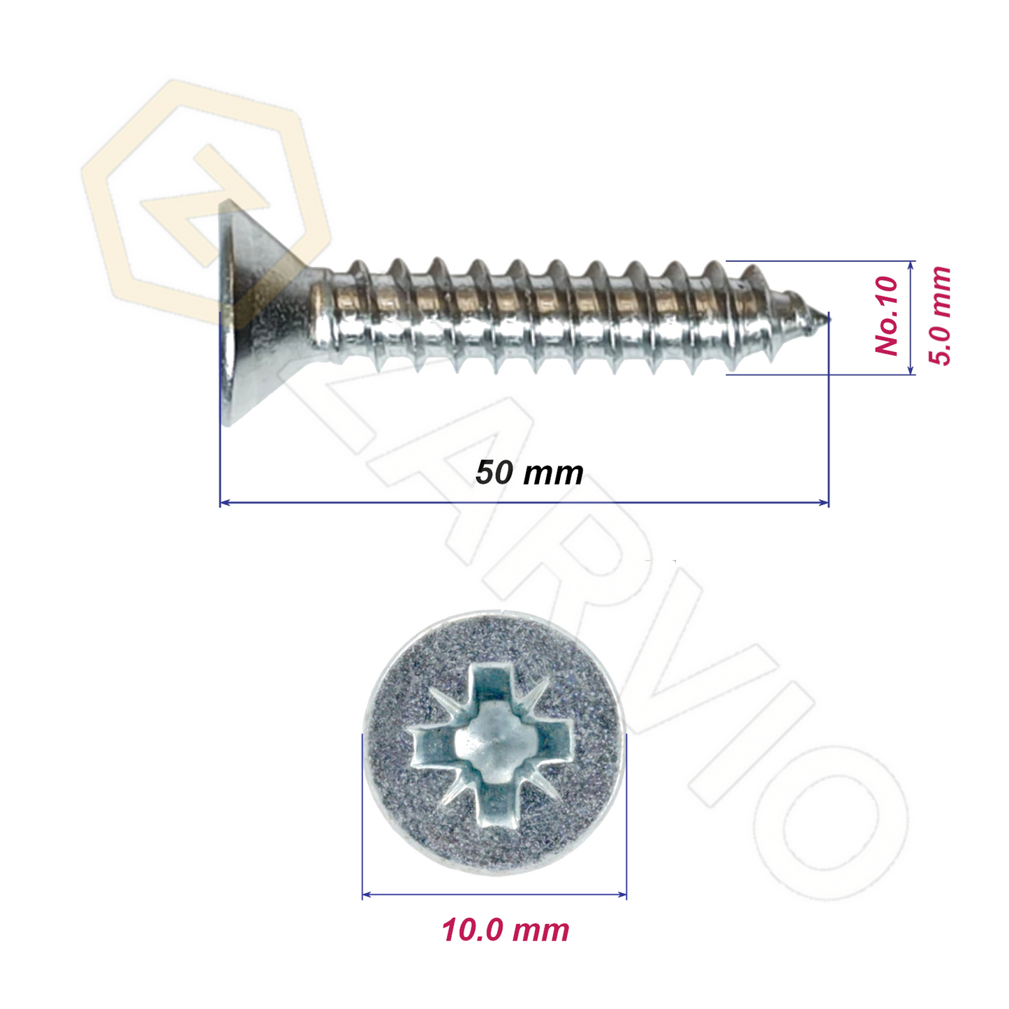 5.0mm x 50mm → (No.10 x 2") Countersunk Wood Screw with Full Thread (Zinc Plated)
