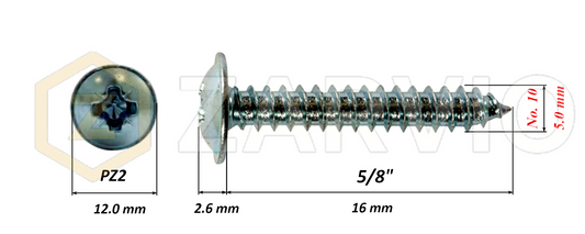 5.0mm x 16mm → (No.10 x 5/8") Wood Screw with Washer Head Fully Threaded Zinc Plated