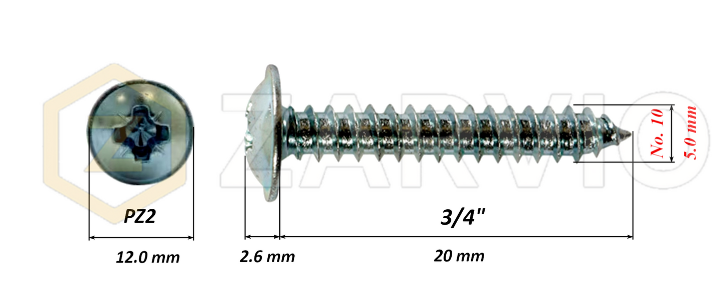5.0mm x 20mm → (No.10 x 3/4") Wood Screw with Washer Head Fully Threaded Zinc Plated