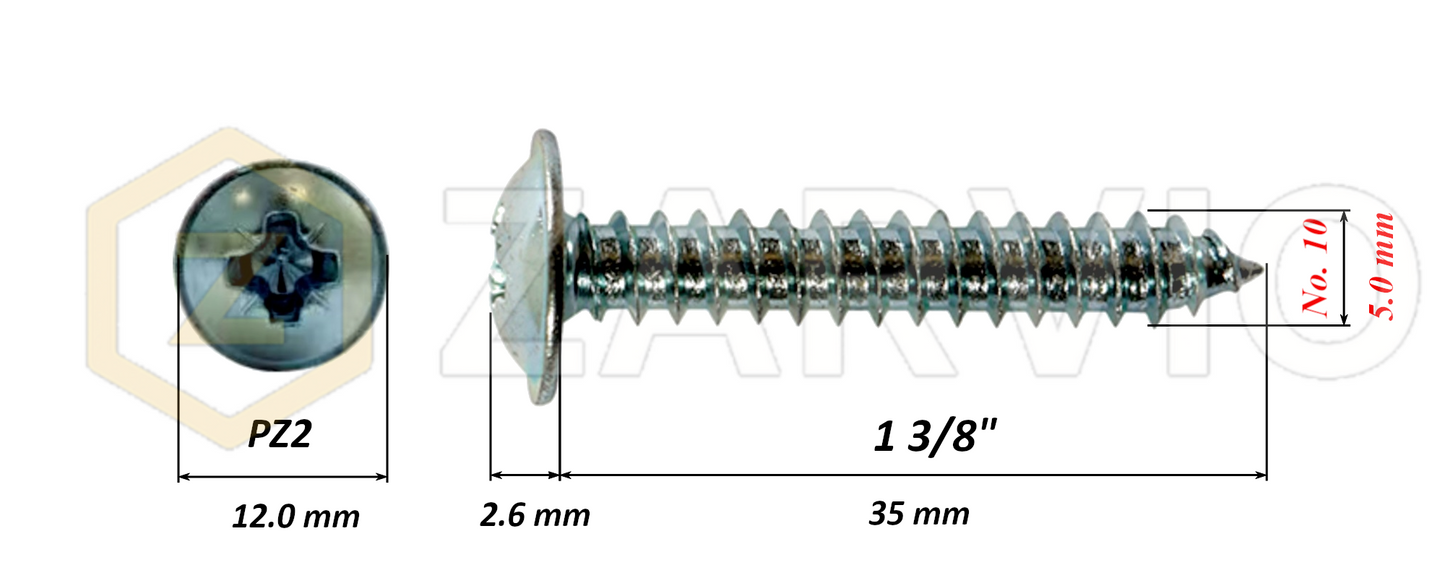 5.0mm x 35mm → (No.10 x 1 3/8") Wood Screw with Washer Head Fully Threaded Zinc Plated