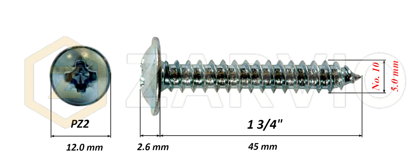 5.0mm x 45mm → (No.10 x 1 3/4") Wood Screw with Washer Head Fully Threaded Zinc Plated