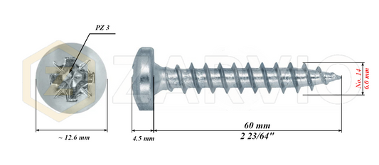 6.0mm x 60mm → (No.12 x 2 1/2") Pan Head Wood Screw – Fully Threaded, Zinc Plated