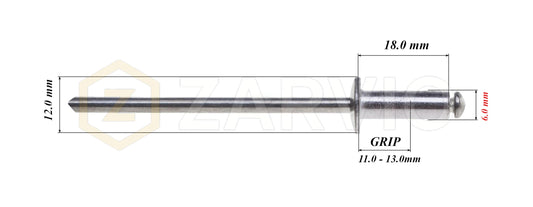 6.0mm x 18mm Flat head blind rivet, aluminum-steel