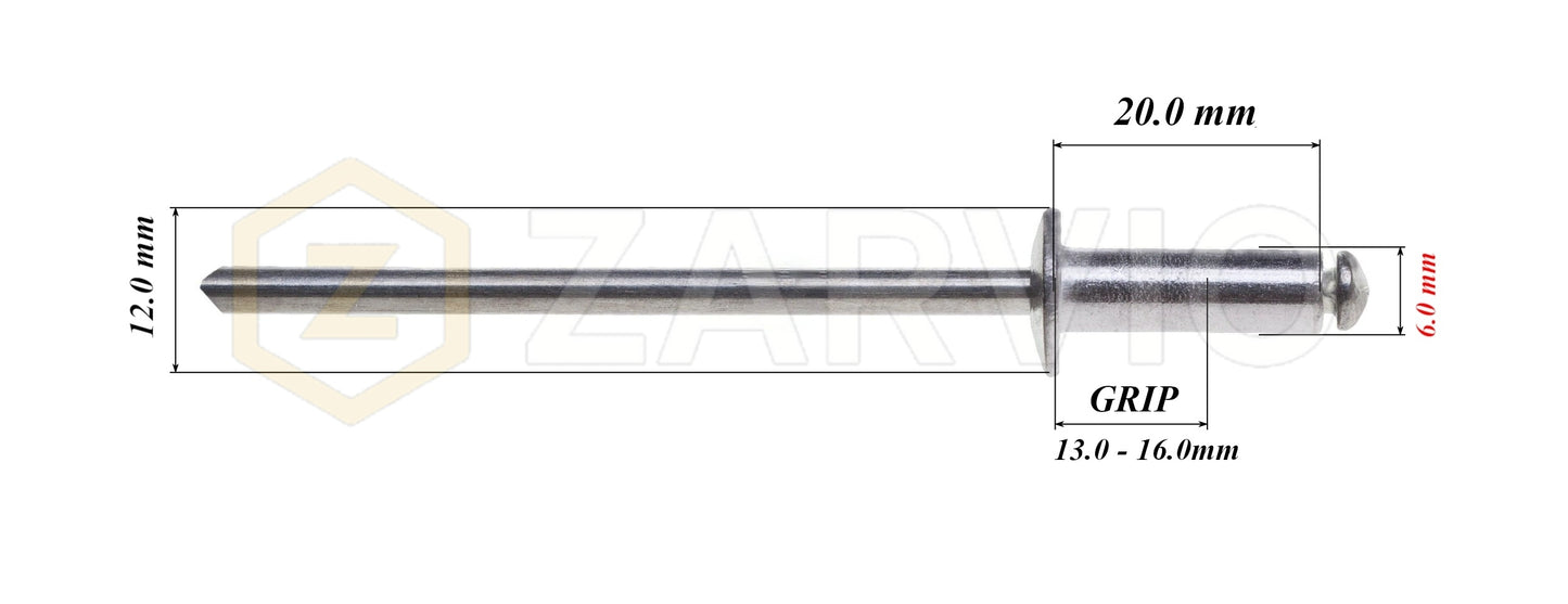 6.0mm x 20mm Flat head blind rivet, aluminum-steel