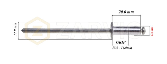 6.0mm x 20mm Flat head blind rivet, aluminum-steel