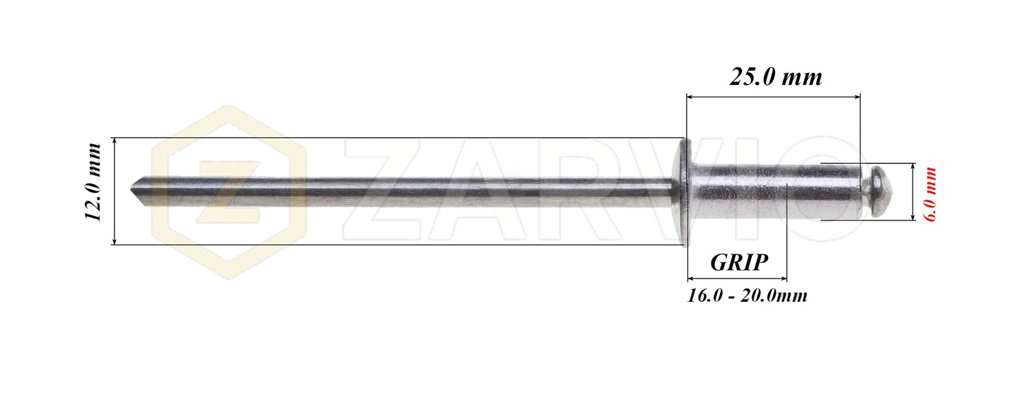 6.0mm x 25mm Flat head blind rivet, aluminum-steel