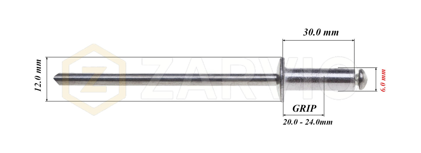 6.0mm x 30mm Flat head blind rivet, aluminum-steel