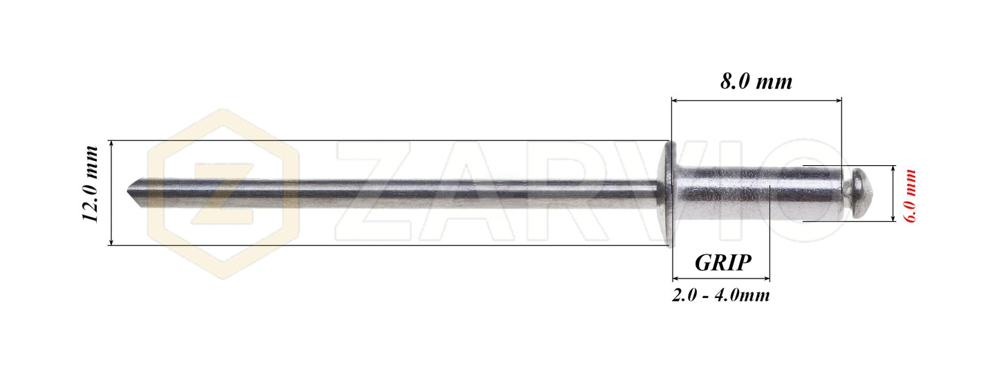 6.0mm x 8mm Flat head blind rivet, aluminum-steel
