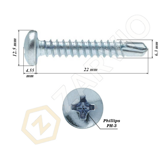 6.3mm x 22mm Pan Head Self-Drilling Screws (Zinc Plated)