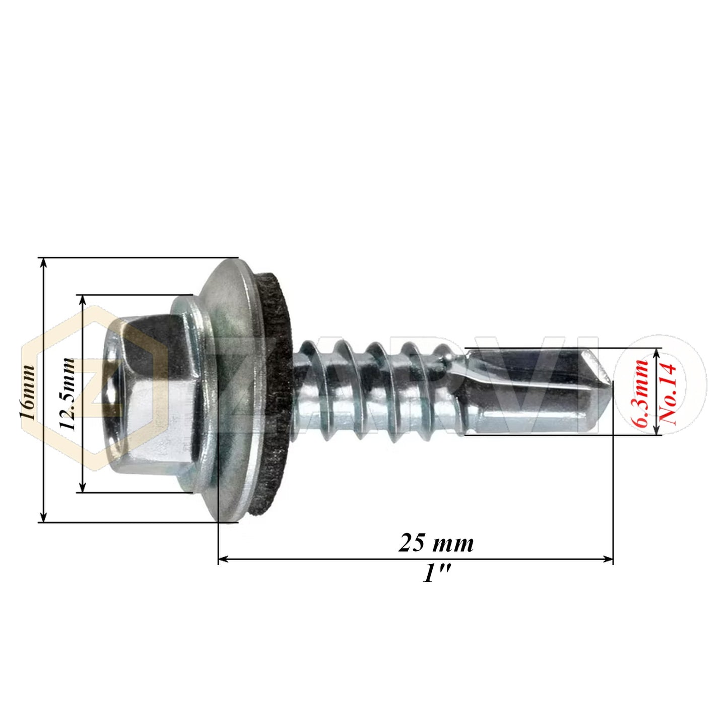 6.3x25mm Tek Roofing Screws – Self Drilling with EPDM Washer (Zinc)