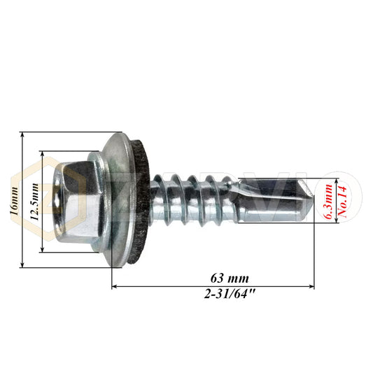 6.3x63mm Tek Roofing Screws – Self Drilling with EPDM Washer (Zinc)