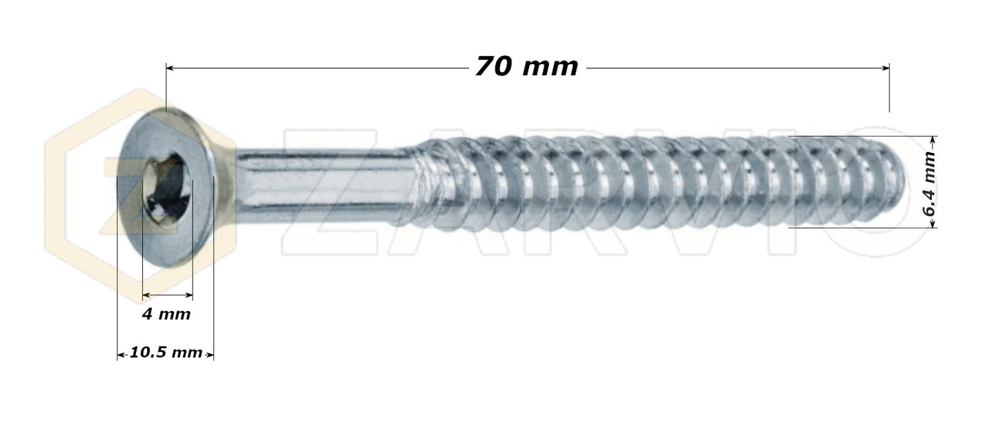 6.4mm x 70mm Hexagon socket countersunk head confirmat screw