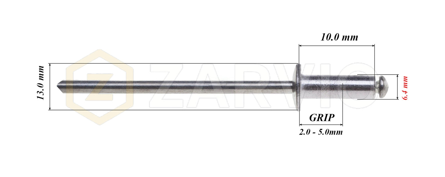 6.4mm x 10mm Flat head blind rivet, aluminum-steel