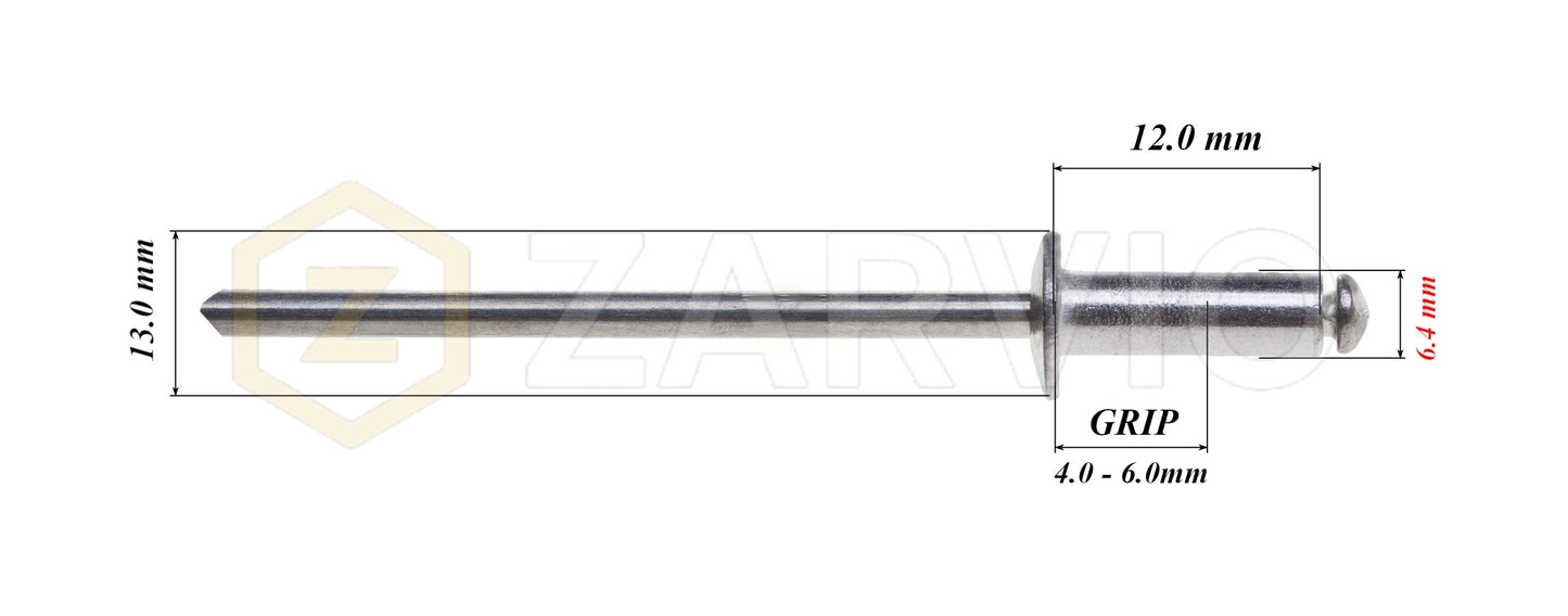 6.4mm x 12mm Flat head blind rivet, aluminum-steel