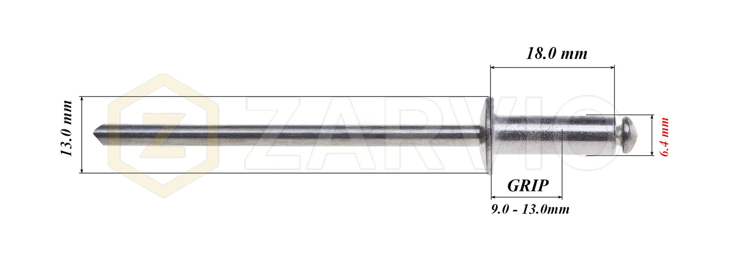 6.4mm x 18mm Flat head blind rivet, aluminum-steel