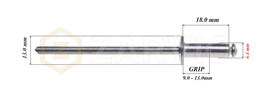 6.4mm x 18mm Flat head blind rivet, aluminum-steel