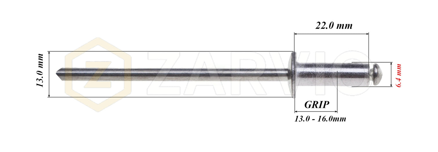 6.4mm x 22mm Flat head blind rivet, aluminum-steel