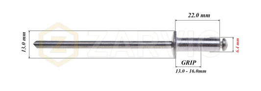 6.4mm x 22mm Flat head blind rivet, aluminum-steel