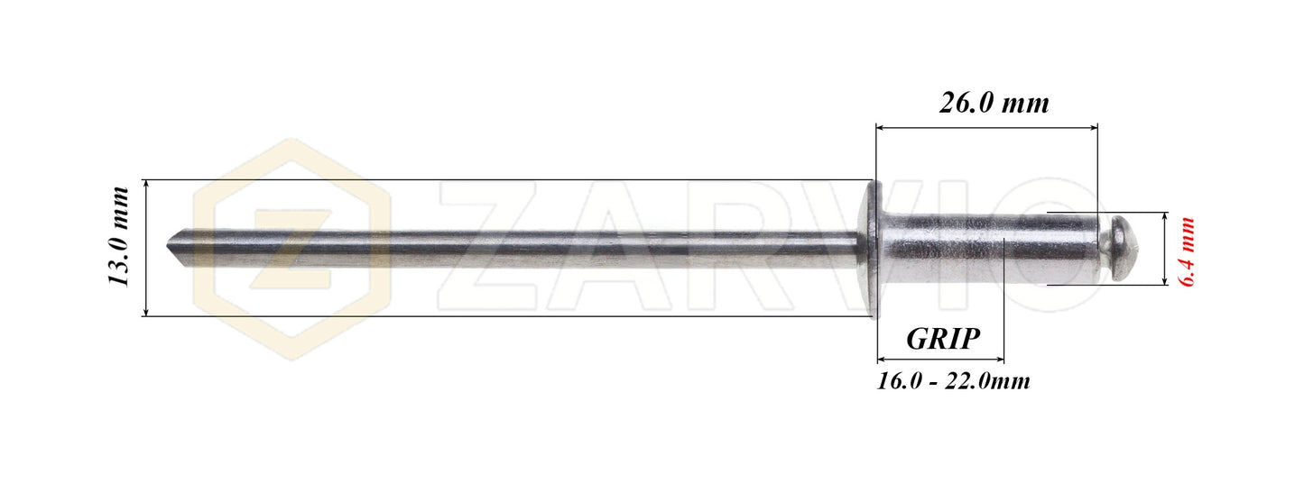 6.4mm x 26mm Flat head blind rivet, aluminum-steel