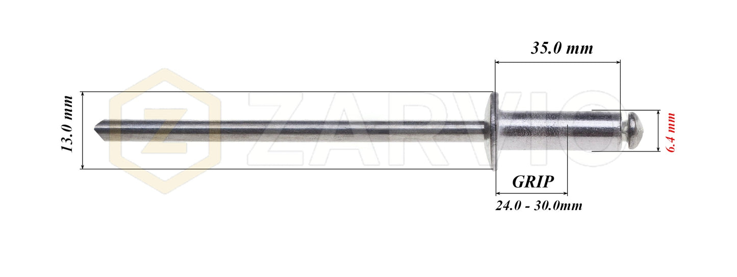 6.4mm x 35mm Flat head blind rivet, aluminum-steel