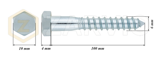 6.0mm x 100mm Hex Head Coach Screw – Partially Threaded, Zinc Plated, DIN 571