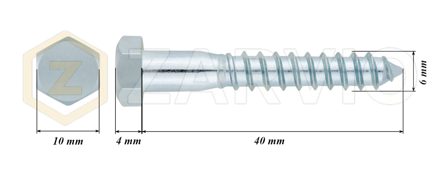 6.0mm x 40mm Hex Head Coach Screw – Partially Threaded, Zinc Plated, DIN 571