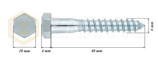 6.0mm x 40mm Hex Head Coach Screw – Partially Threaded, Zinc Plated, DIN 571