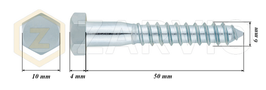 6.0mm x 50mm Hex Head Coach Screw – Partially Threaded, Zinc Plated, DIN 571