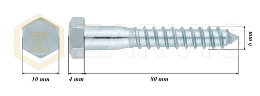 6.0mm x 80mm Hex Head Coach Screw – Partially Threaded, Zinc Plated, DIN 571