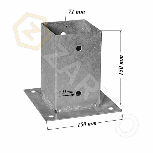 71 x 71mm (2.8" x 2.8") Bolt Down Square Post Support Hot Dip Galvanised