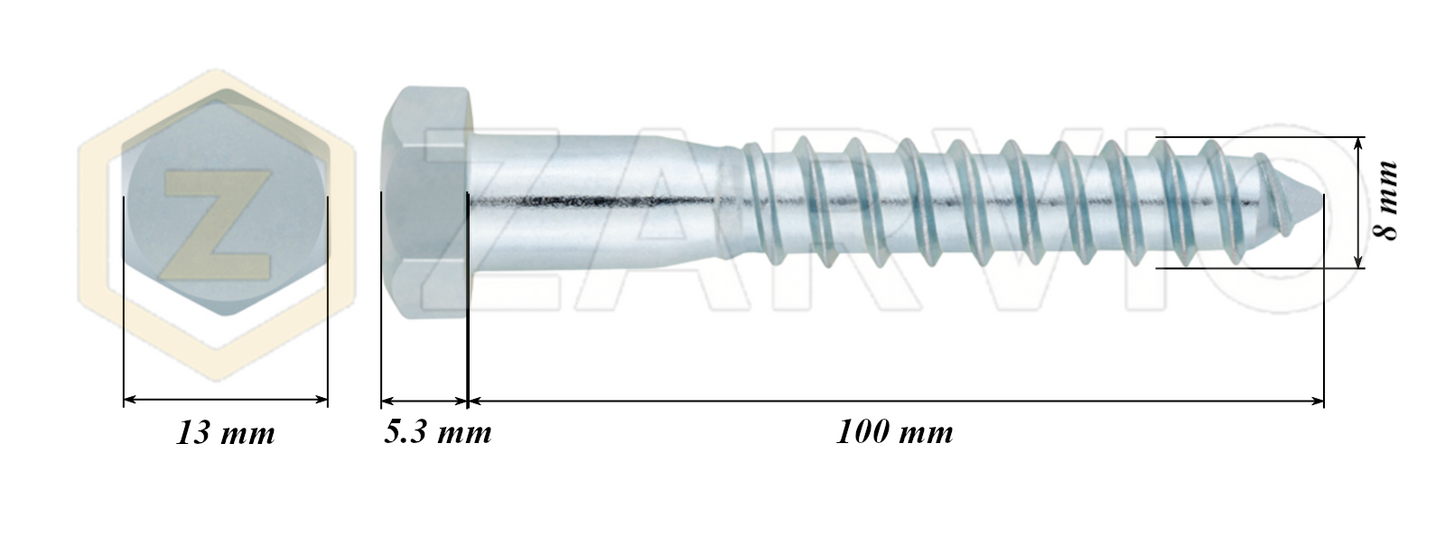 8.0mm x 100mm Hex Head Coach Screw – Partially Threaded, Zinc Plated, DIN 571
