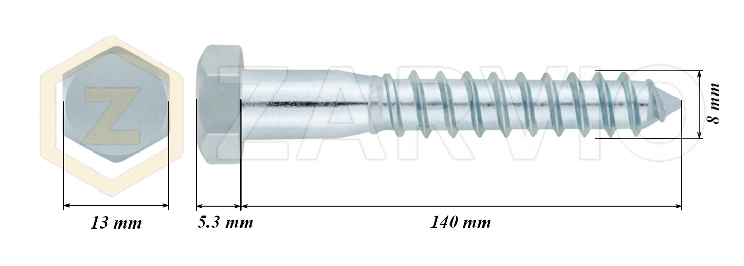 8.0mm x 140mm Hex Head Coach Screw – Partially Threaded, Zinc Plated, DIN 571