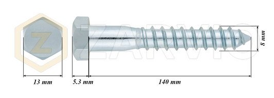 8.0mm x 140mm Hex Head Coach Screw – Partially Threaded, Zinc Plated, DIN 571