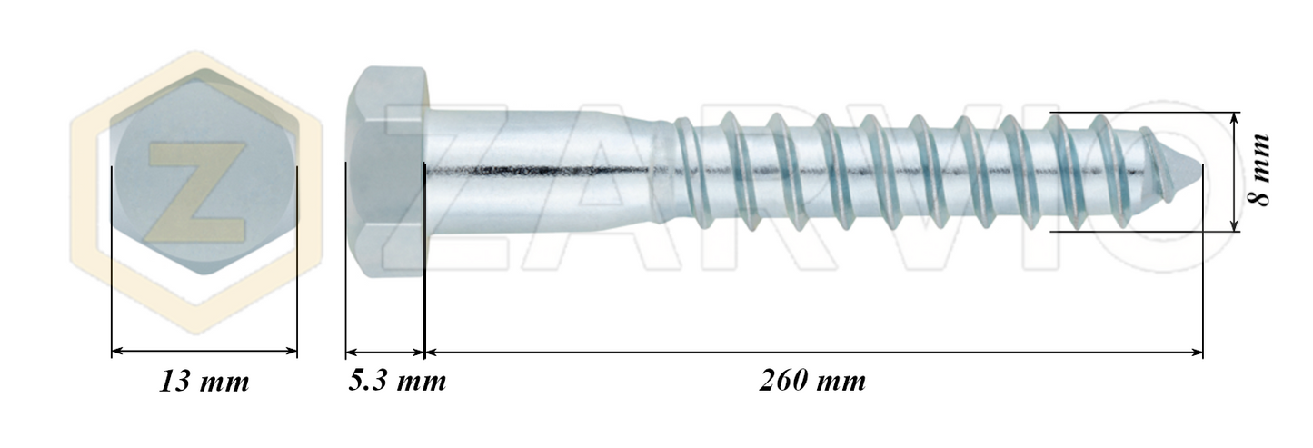 8.0mm x 260mm Hex Head Coach Screw – Partially Threaded, Zinc Plated, DIN 571