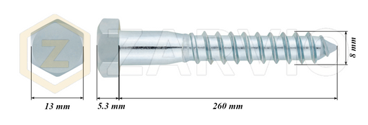 8.0mm x 260mm Hex Head Coach Screw – Partially Threaded, Zinc Plated, DIN 571