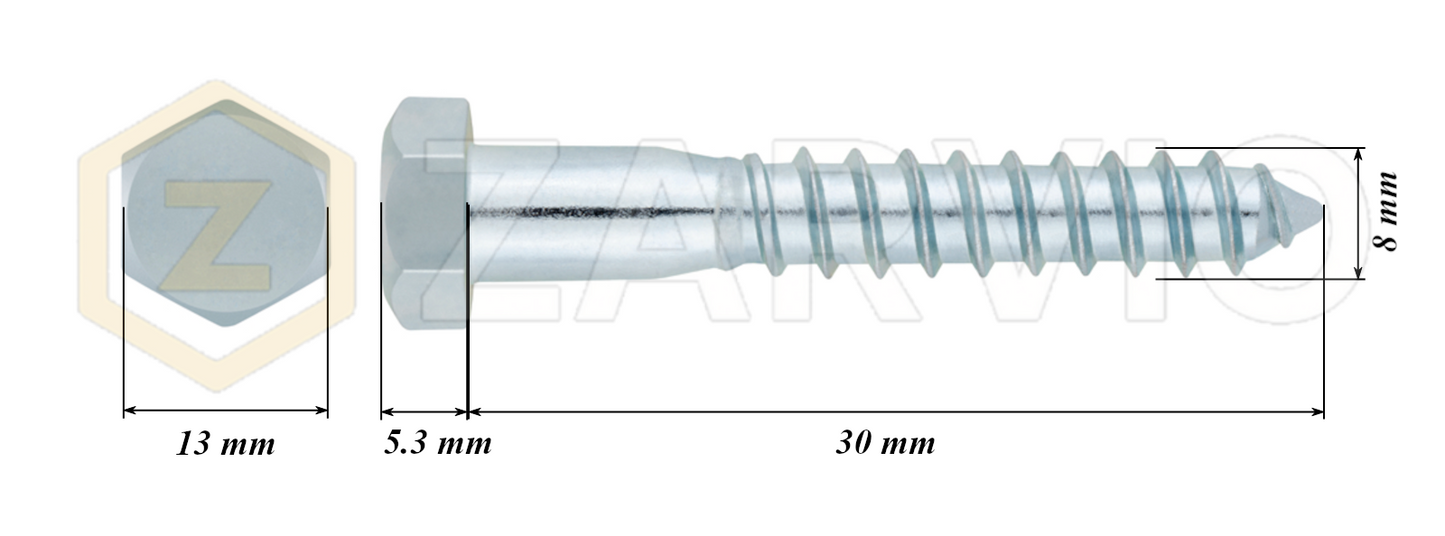 8.0mm x 30mm Hex Head Coach Screw – Partially Threaded, Zinc Plated, DIN 571