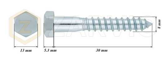 8.0mm x 30mm Hex Head Coach Screw – Partially Threaded, Zinc Plated, DIN 571