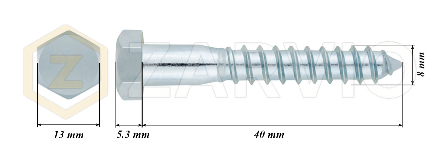 8.0mm x 40mm Hex Head Coach Screw – Partially Threaded, Zinc Plated, DIN 571