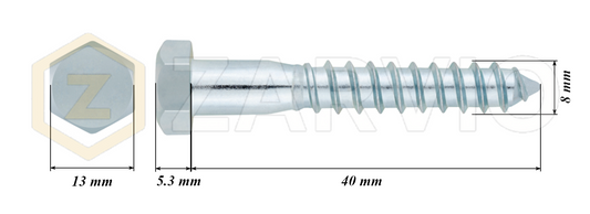 8.0mm x 40mm Hex Head Coach Screw – Partially Threaded, Zinc Plated, DIN 571