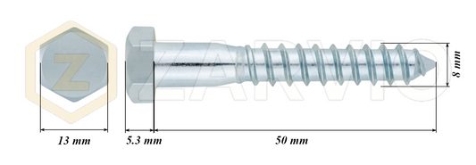8.0mm x 50mm Hex Head Coach Screw – Partially Threaded, Zinc Plated, DIN 571