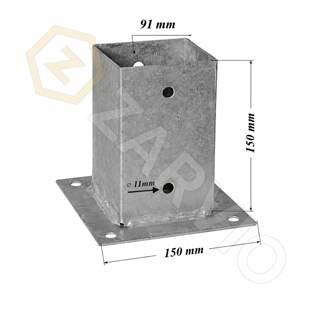 91 x 91mm (3.5" x 3.5") Bolt Down Square Post Support Hot Dip Galvanised
