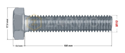 M10 x 180mm Hex Head Bolt Set (DIN 933) + Nylon Lock Nut (DIN 985) + 2 Washers (DIN 125) – Zinc Plated
