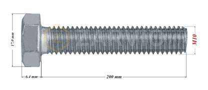 M10 x 200mm Hex Head Bolt Set (DIN 933) + Nylon Lock Nut (DIN 985) + 2 Washers (DIN 125) – Zinc Plated