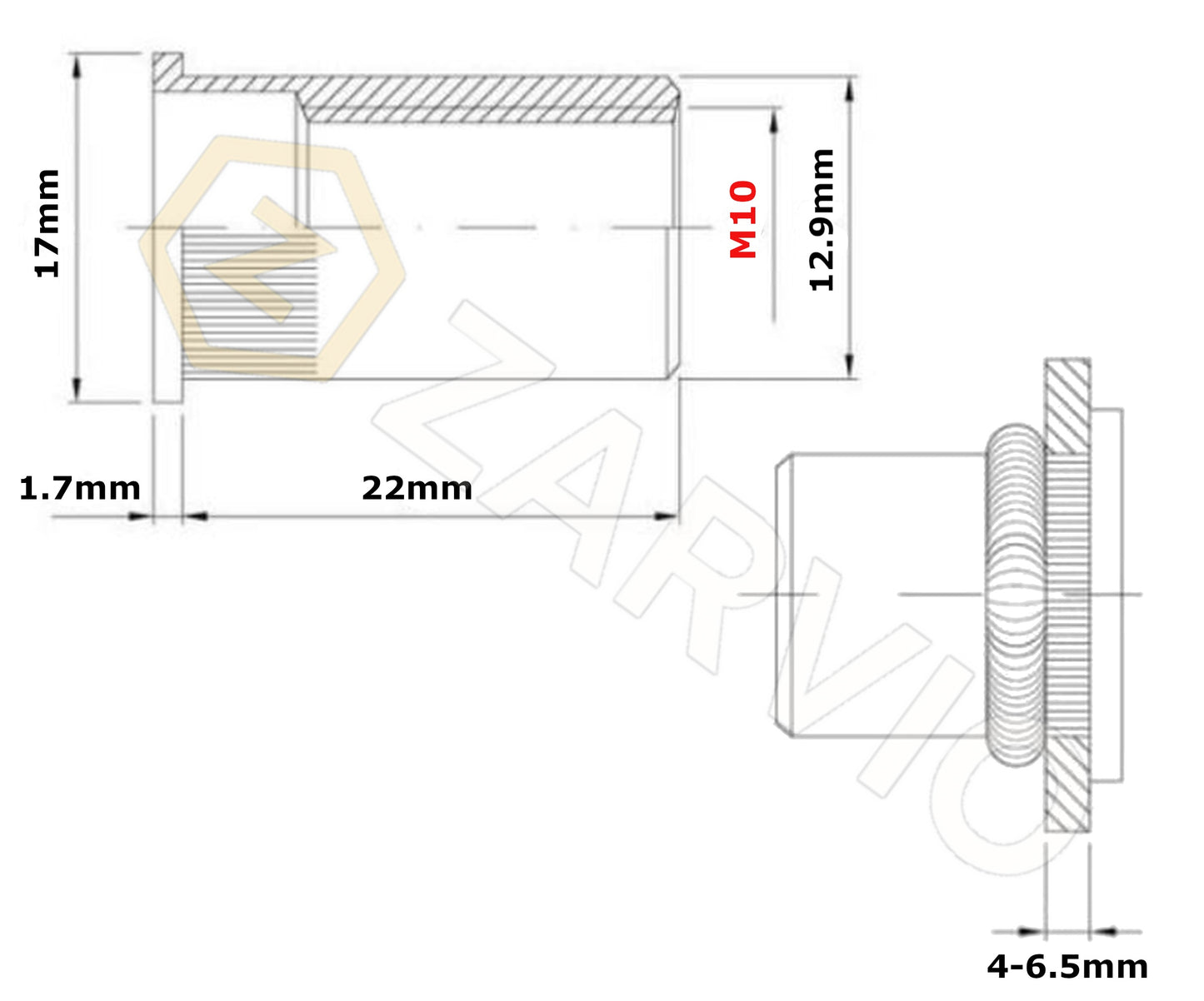 M10 x 22mm Steel Rivet Nut Flat Flange Knurled Open Type Zinc Plated