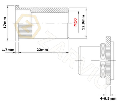 M10 x 22mm Steel Rivet Nut Flat Flange Knurled Open Type Zinc Plated