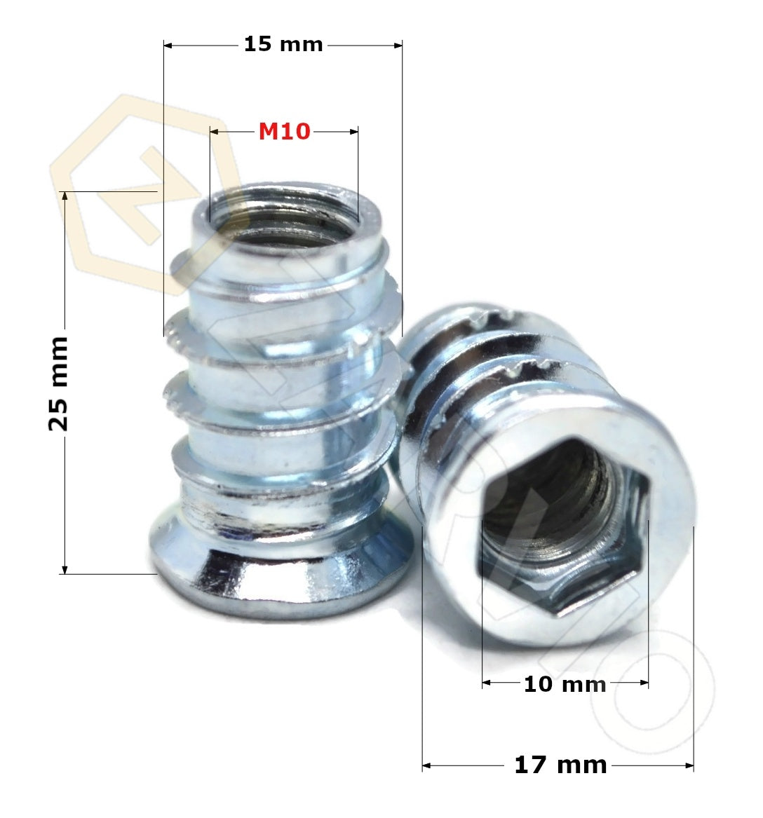 M10 x 25mm Hex Socket Flanged Wood Insert Nut Type B Zinc Plated